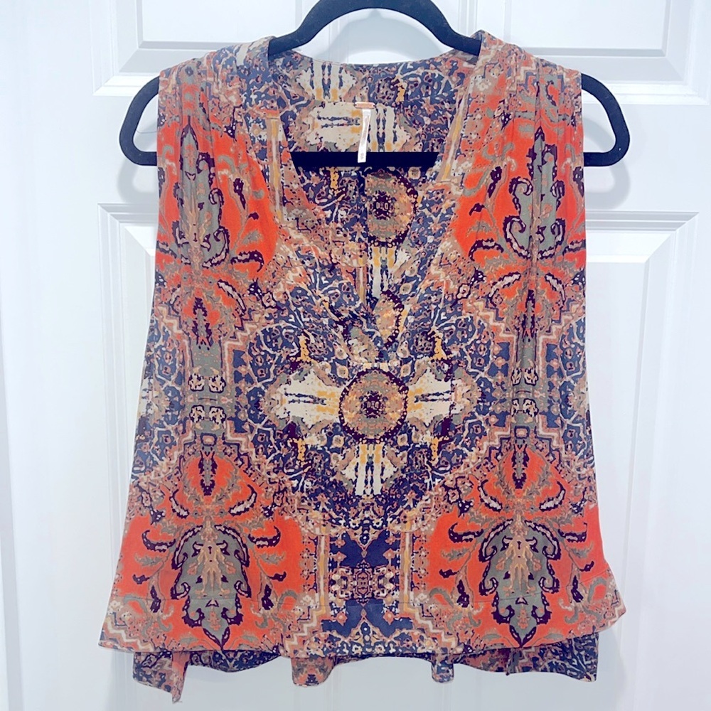 Free People Darcy Super V-neck Orange Blue Boho Sleeveless Anthro Tapestry